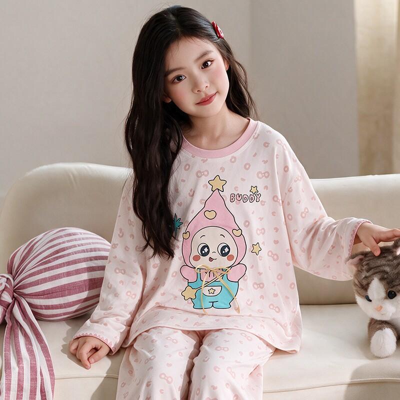 100% Cotton Girls Long Sleeve Pajamas Set Cartoon Print Round Neck Sleepwear Kids 8 Years