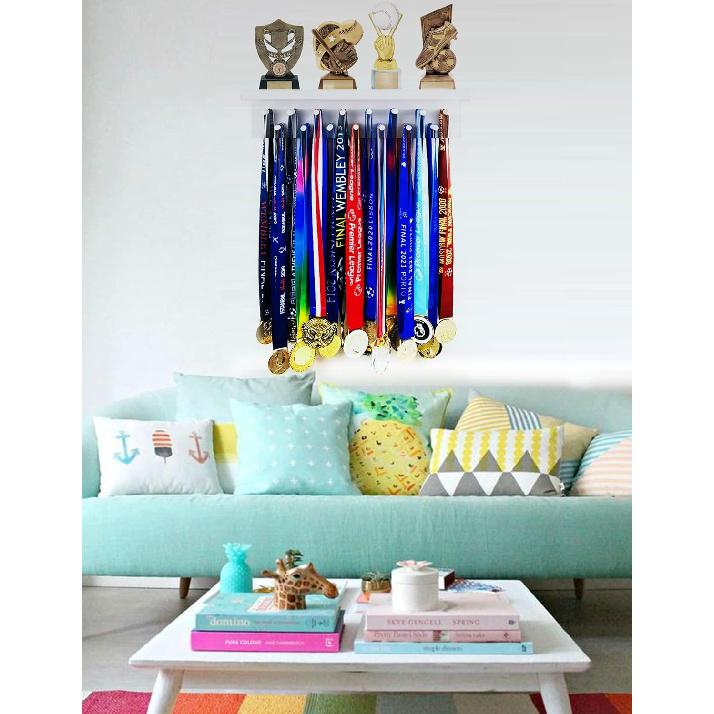 Trophy Medal Holder Display 16.9" Long Wooden Trophy Shelf Rack Medal & Trophy Holder 15 Hooks Hanger with Shelf Medal Holder with Wooden Trophy