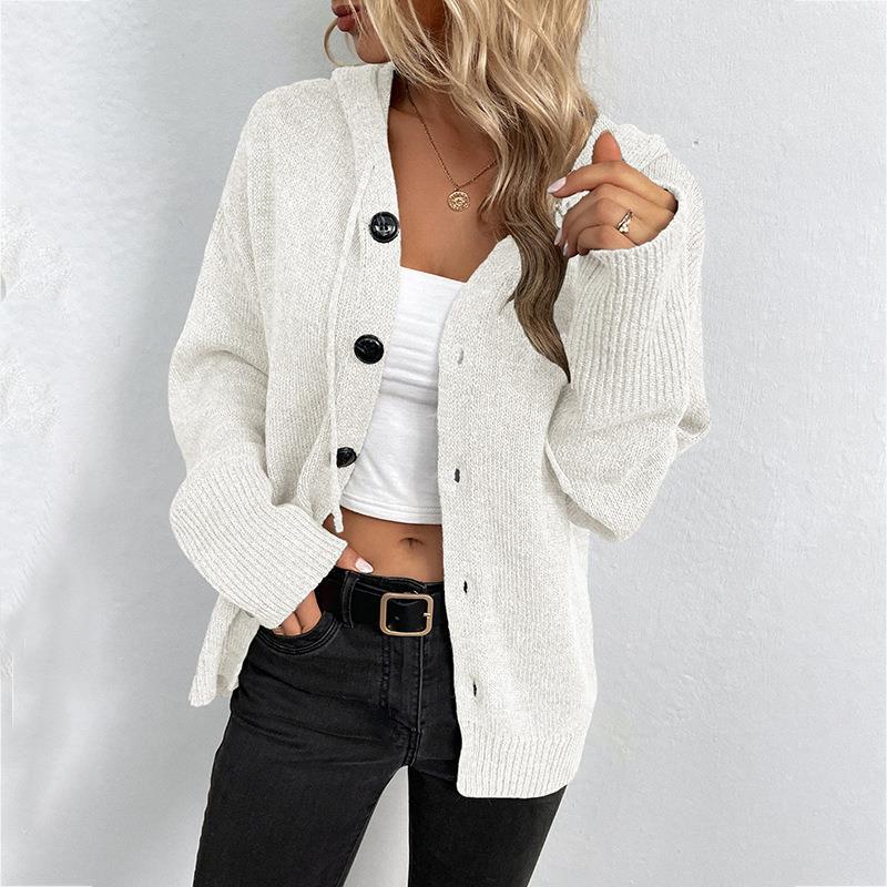 Women Knit Hooded Sweater Coat Single Breasted Thick Cardigan Solid Casual Splice Jumpers Full Sleeve Regular Winter 2024