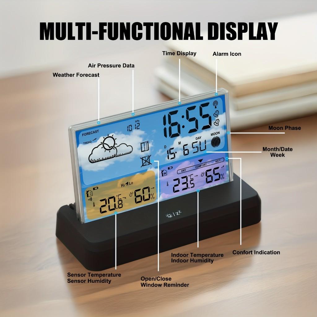 Digitale Wetterstation mit Außensensor Innen-Außen-Thermometer Hygrometer Atomuhr Wettervorhersage Mondphase Luftdruck