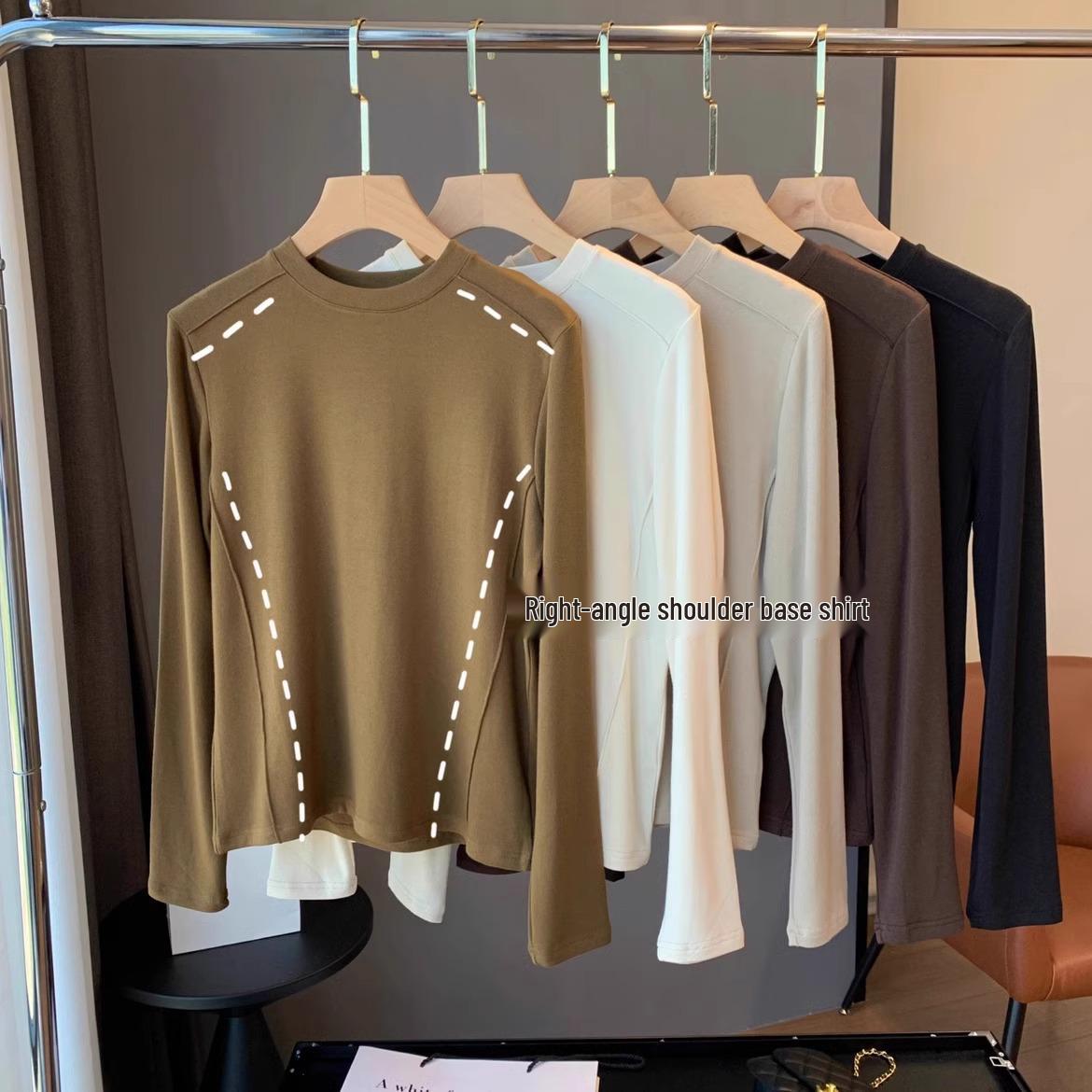 

Autumn Women s Round Neck Long Sleeve T-Shirt with Right Angle Shoulders - Korean Basic Style XXL