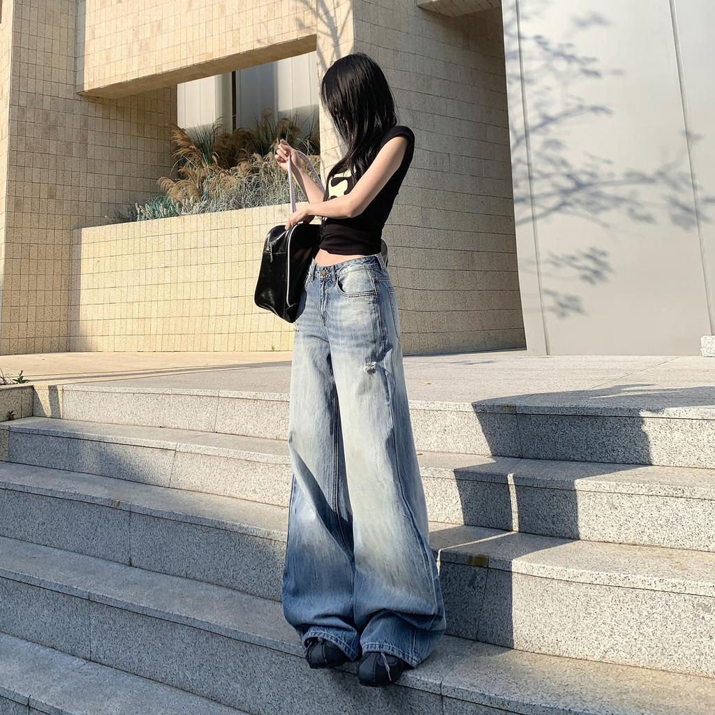 Ripped Jeans for Women Spring High Waist Wide-leg Pants for Women Loose Slim Pants for Women Spring Wide-leg Jeans for Women Ripped Jeans for Women