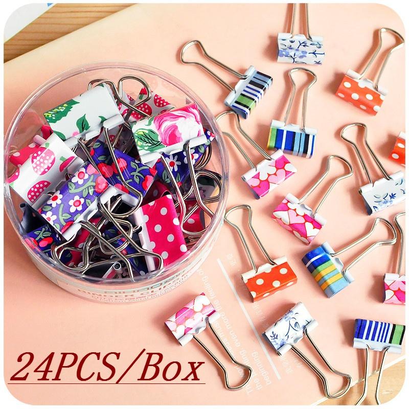 24PCS/Box Small Size 19mm Printed Metal Binder Clips Paper Clip Clamp Office School Binding Supplies
