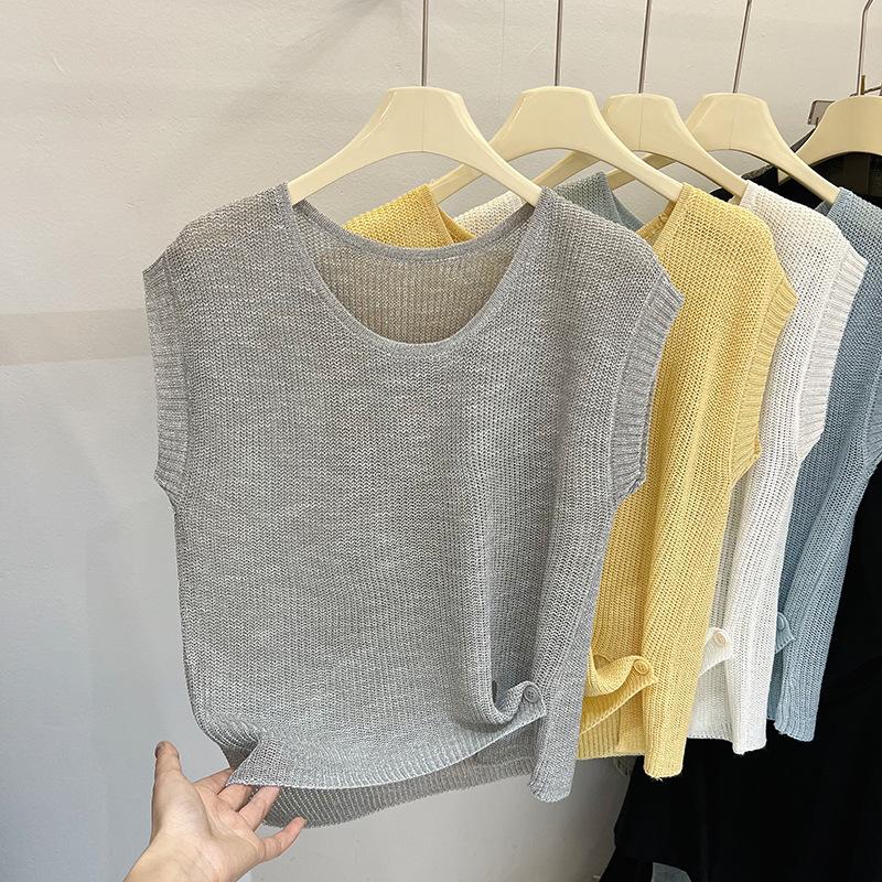 

Новый вязаный жилет в корейском стиле, футболка с круглым вырезом, короткий дофаминовый наряд, топ без рукавов, излучает высококлассную атмосферу для женщин one size серебряный серый