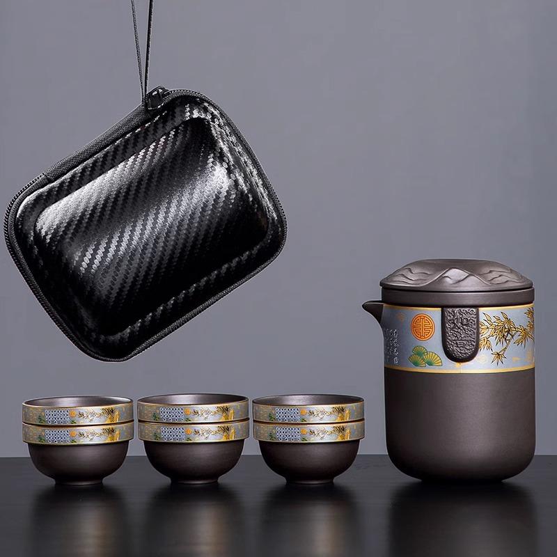 Zisha High-End Travel Tea Set Portable One Pot Six Cups Special Outdoor Camping Kung Fu Tea Brewing Tea Cups