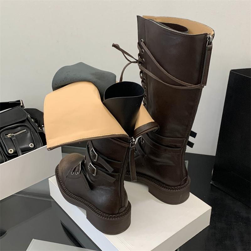 Eilyken Fashion Punk Style Cross-Strap Round Toe Knee High Boots Women Belt Buckle Zipper Square Heels Designer Shoes