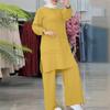 2024 Elegant Solid Color Muslim Women's Two-Piece Tracksuit with Double Stripe – Long Sleeve Shirt & Wide Leg Pants Set