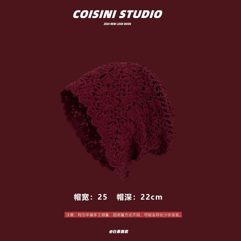 

Модная ручная работа, ажурная шапка Баотоу, женская вязаная крючком шапка в этническом стиле с кисточками и ремешком на рукаве M（56-58cm）