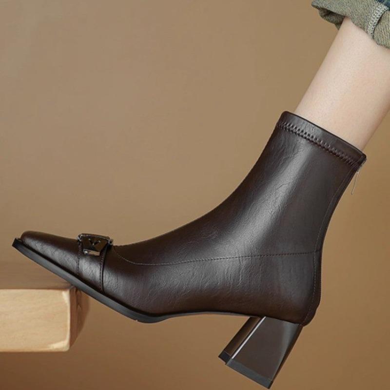 

Модные осенне-зимние винтажные женские сапоги из коровьей кожи с квадратной головкой, с украшением в виде пряжки на ремне, сексуальные элегантные эластичные сапоги с плетением 37 коричневый