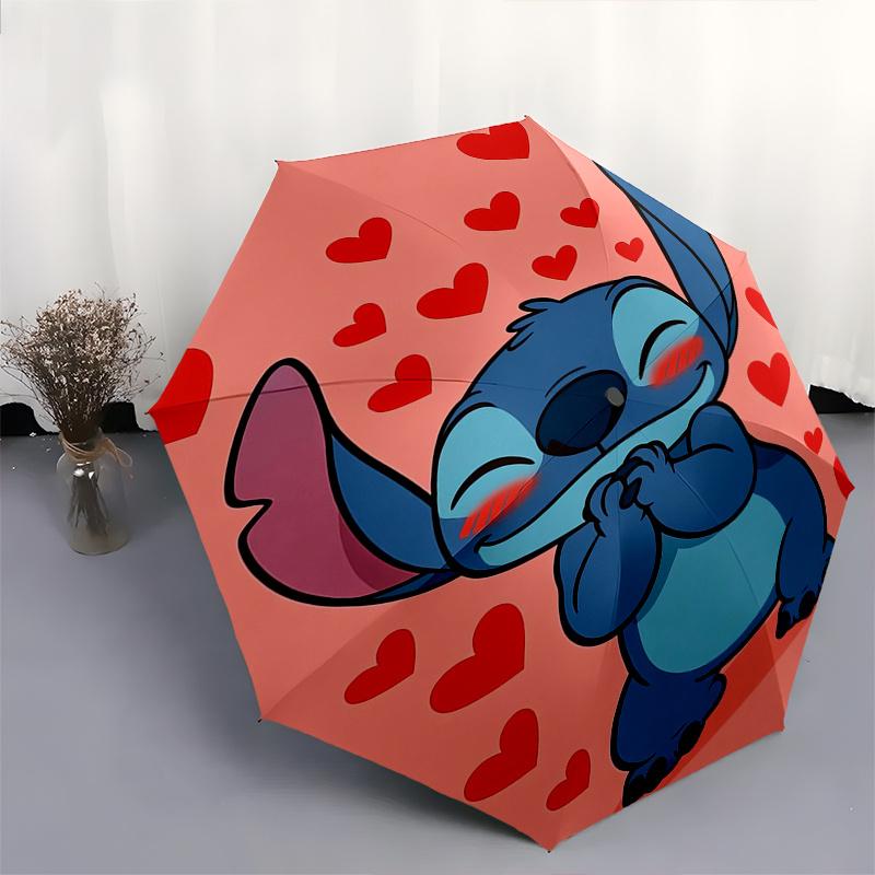 Stitch,Hearts Automatic Folding Umbrella   Simple 8 Rib Design, Bright Cartoon Pattern, Durable Iron Frame, Suitable For Travel, Outdoor, Be