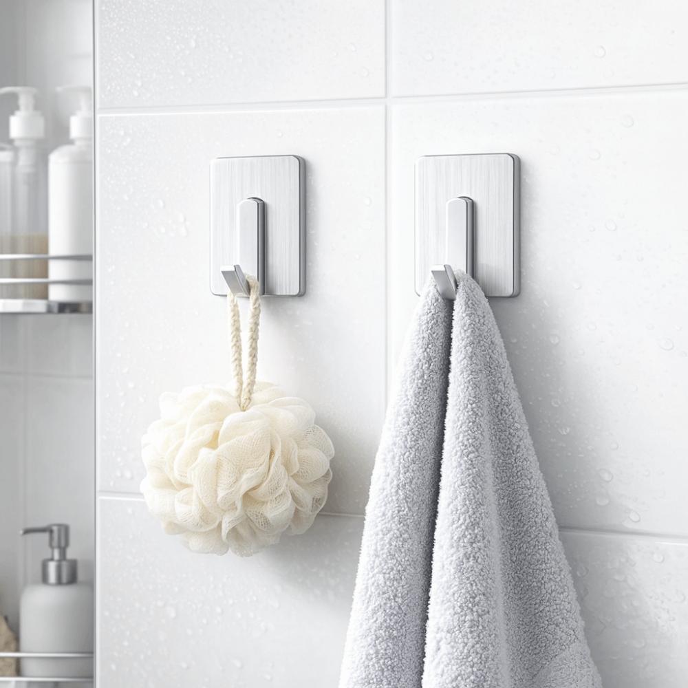 6pcs/set No Drill Self Adhesive Hooks Waterproof Wall Hook Stainless Steel Hooks Shower Bath