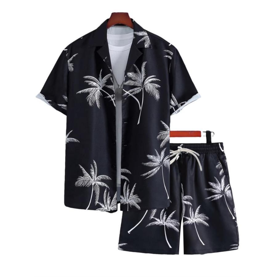 Men's Short Sleeve Shirt Set Blue Ocean Palm Tree Printed Shirt Hawaiian Beach Shirt Set