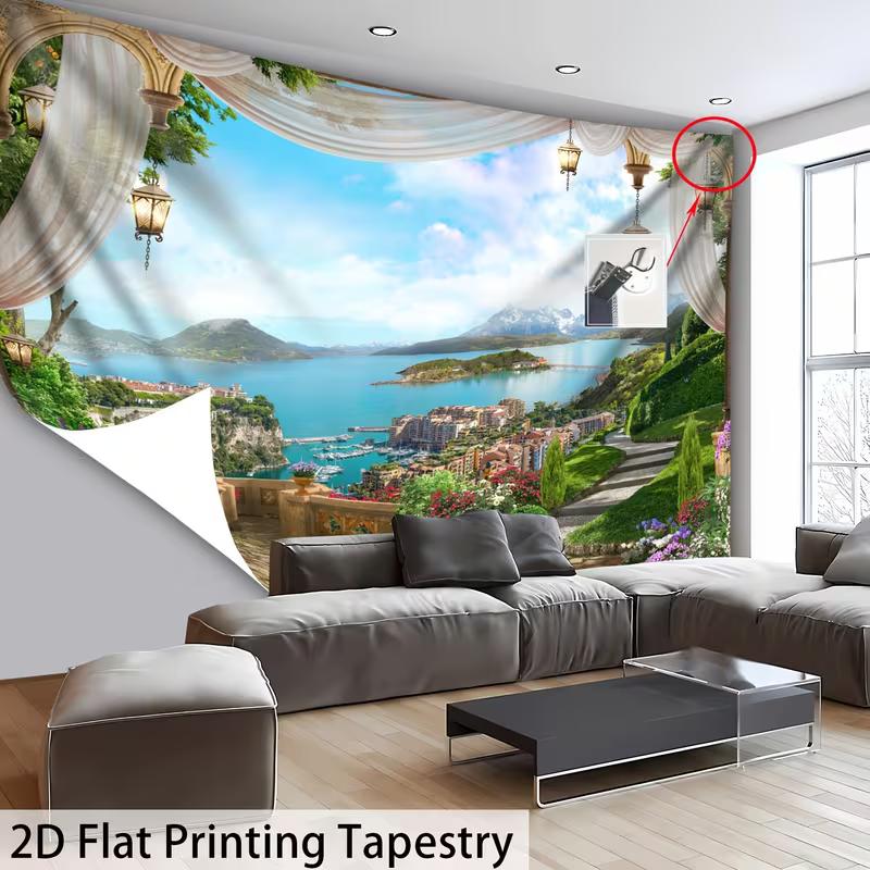 2D Italian Riviera Tapestry Curtain Balcony View Wall Hanging