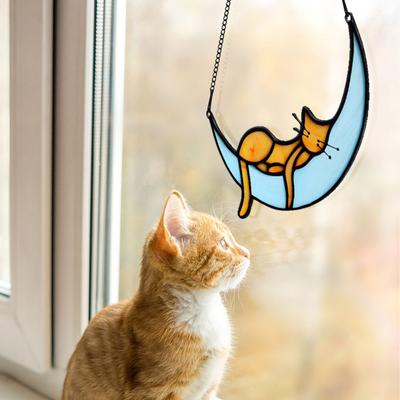 Acrylic Boho Style Stained Cat On The Moon Ornaments Window Hanging Sticker Sun Catcher Cat Lover Gift Pet Gifts Home Decoration
