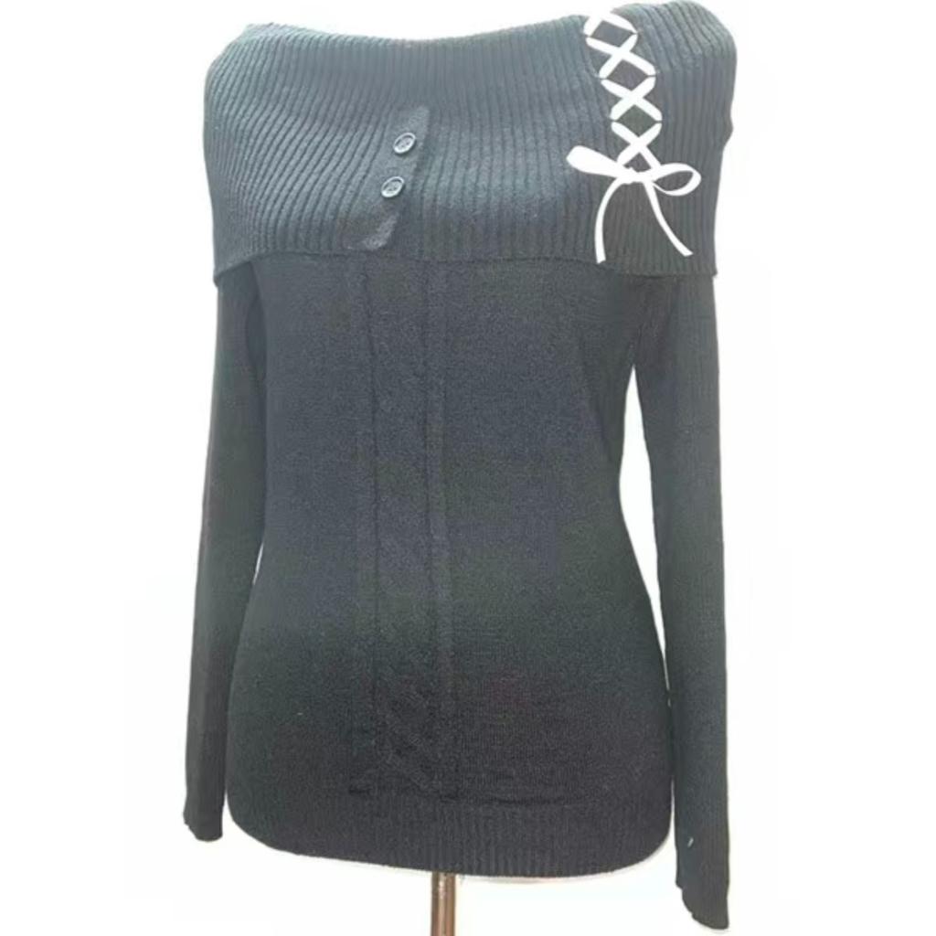Vintage Elegant Streetwear Strikkede Gensere Kvinner Koreansk Mote Sexy Sløyfe Bandasje Slash Neck Slank genser Solid Chic