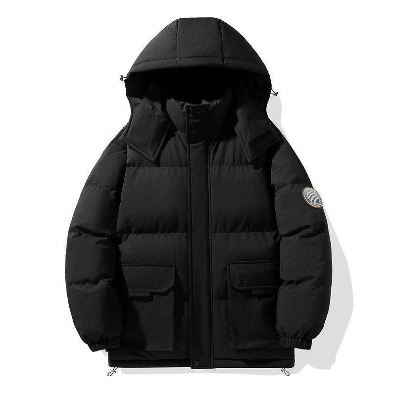 Men's Solid Color Detachable Hooded Thickened Jacket Regular Casual Long-Sleeved Warm Lining Autum and Winter Jacket