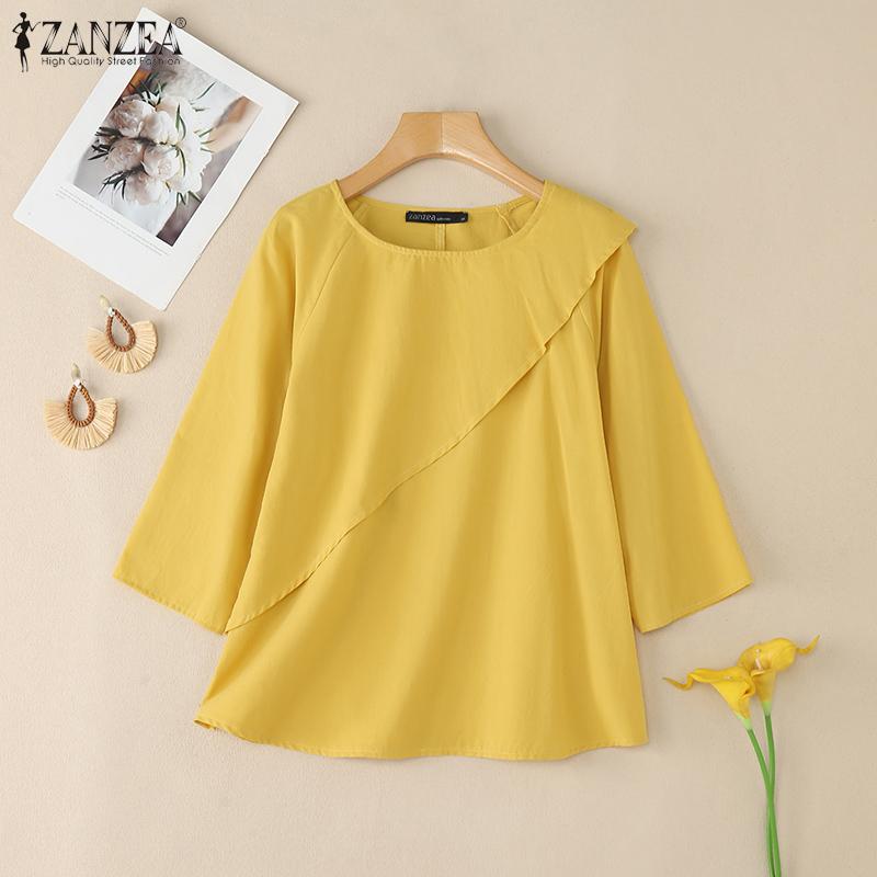 ZANZEA Bluză casual de vară pentru femei, cu gât rotund, culoare uni, mâneci 3/4