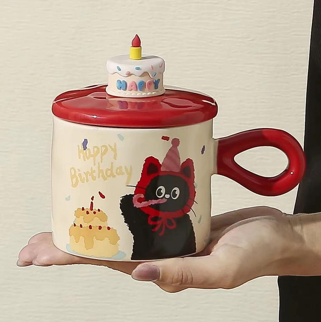 Cat Birthday Gift Mug High Value Office Girl Water Cup Souvenir Cartoon Ceramic Cup With Lid