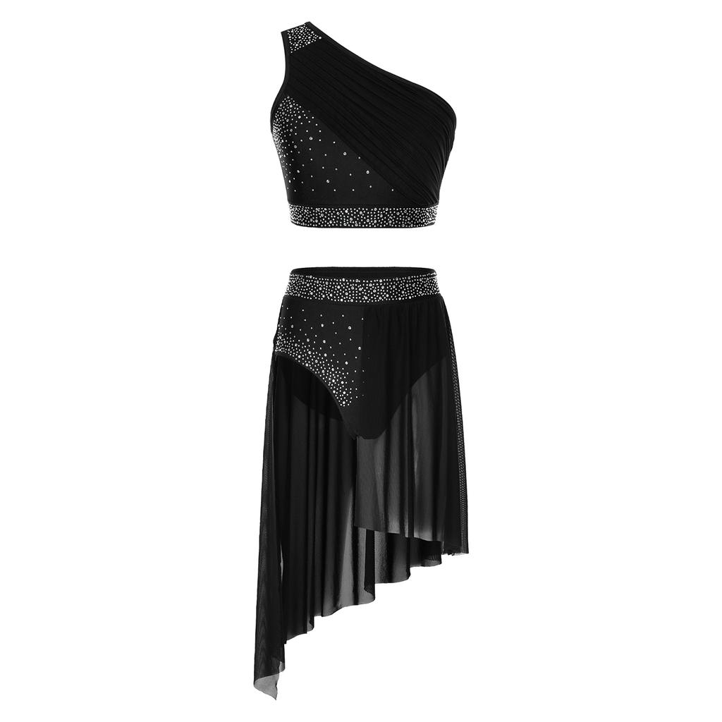 Damen Modern Dancewear Ein Schulter Crop Top Geraffte Mesh-Überlage Strass-Detail Geschlitzter Unregelmäßiger Saum Rock