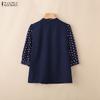 ZANZEA Women Casual Polka Dot Print Splice 3/4 Sleeve Loose Crew Neck Blouse