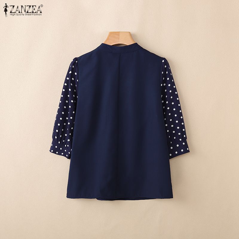 ZANZEA Women Casual Polka Dot Print Splice 3/4 Sleeve Loose Crew Neck Blouse