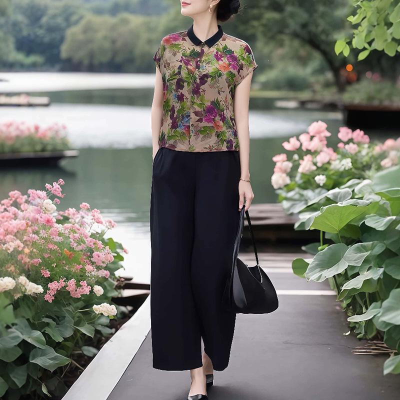 

2026 Spring/Summer High-End Floral Short-Sleeve Top & Wide-Leg Pants Set for Women M