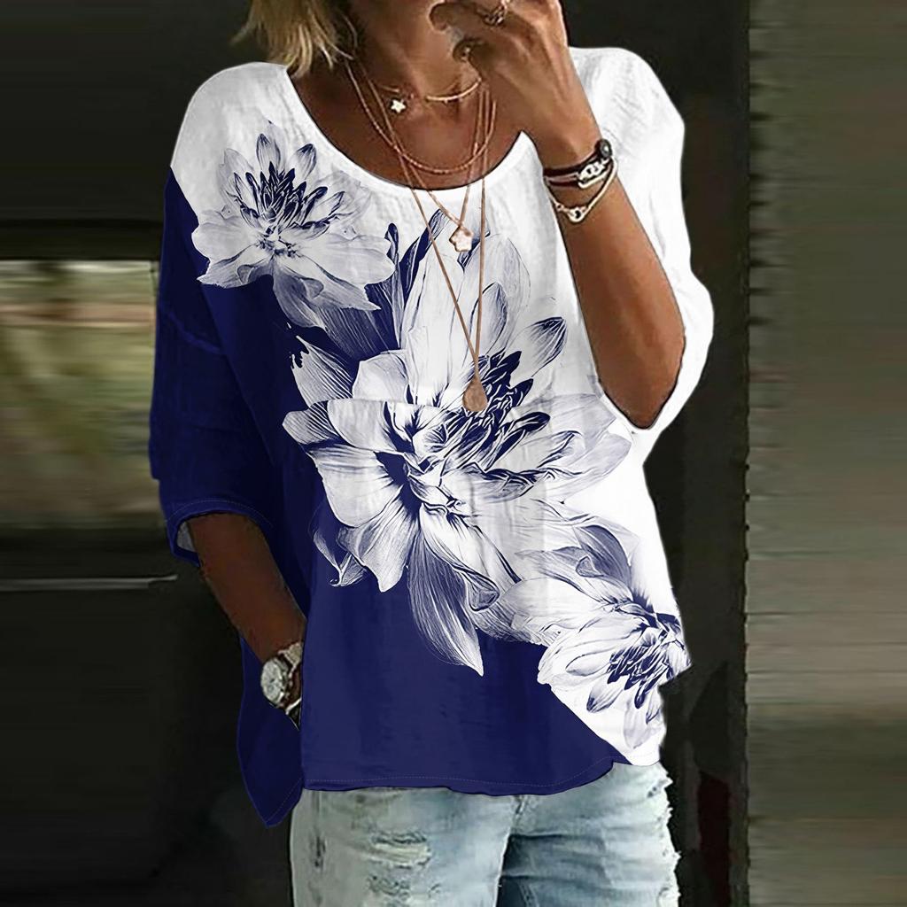 Damen Casual Mode Dreiviertelarm Locker Rundhals Floral Bedrucktes Oberteil