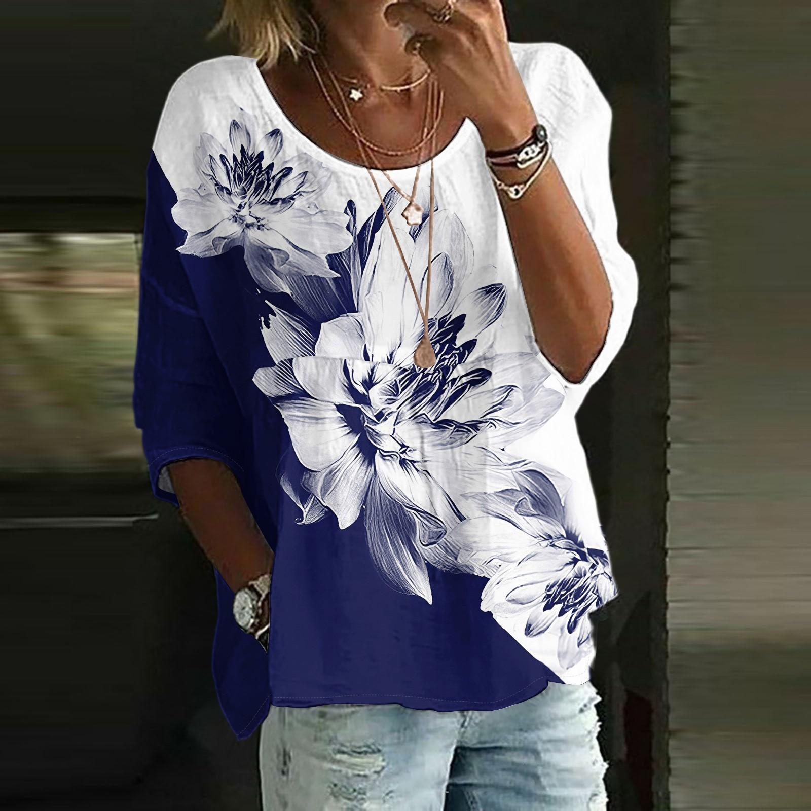 

Women s Casual Fashion Three-quarter Sleeve Loose Round Neck Floral Print Top L темно-синього кольору