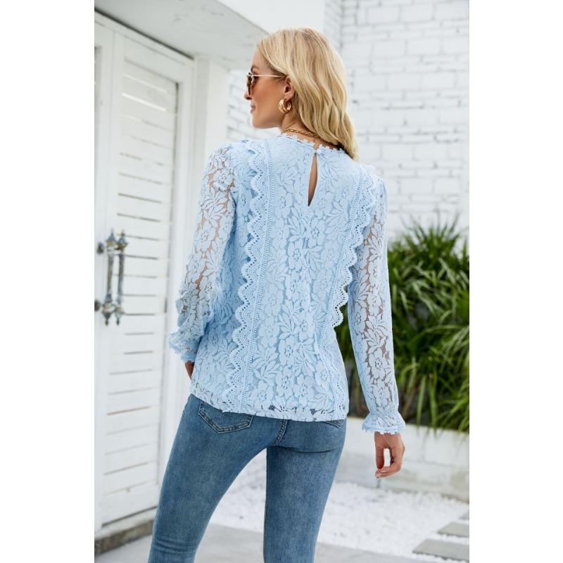 Vår och höst Dam Blus Spets Långärmad Enfärgad Utskuren Spets Sexig Stickad Topp