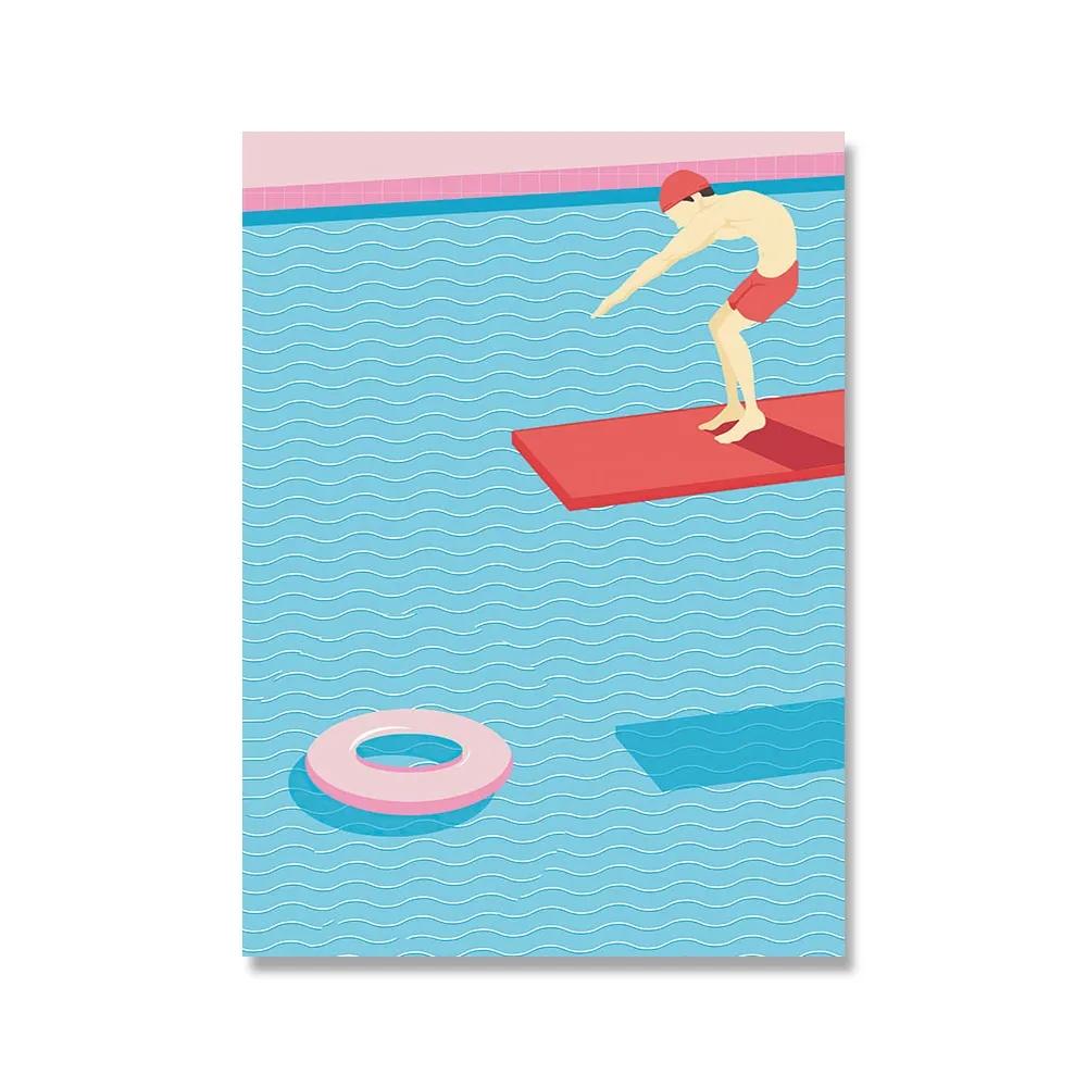 Nordisk Blå Simbassängfest Konst Affisch Tryck Kvinna Fritidsliv Semester Dykning Canvas Målning Mural Badrum Sim Heminredning