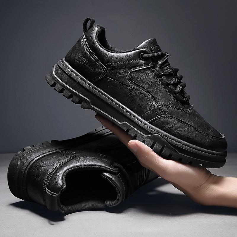 Four seasons lace-up casual small black shoes men's low-top leather Martin shoes retro thick-soled trendy outdoor tooling shoes