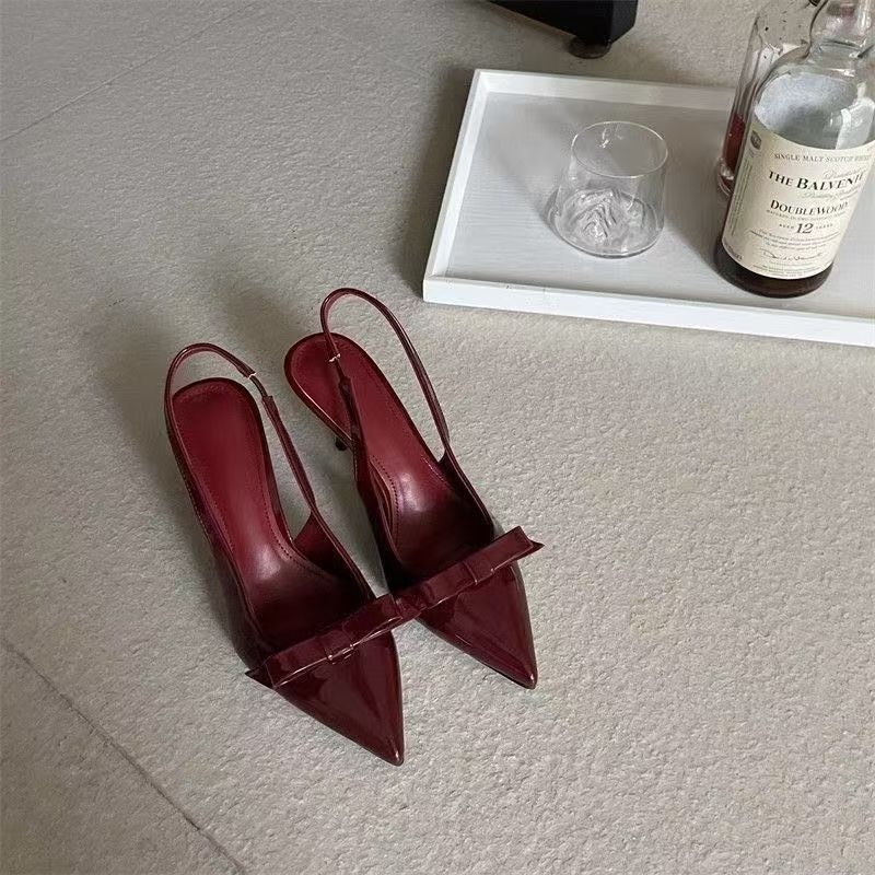 Patent leather bow pointed single shoes French medium high heel red bag head sandals fairy shoes spring and summer new models