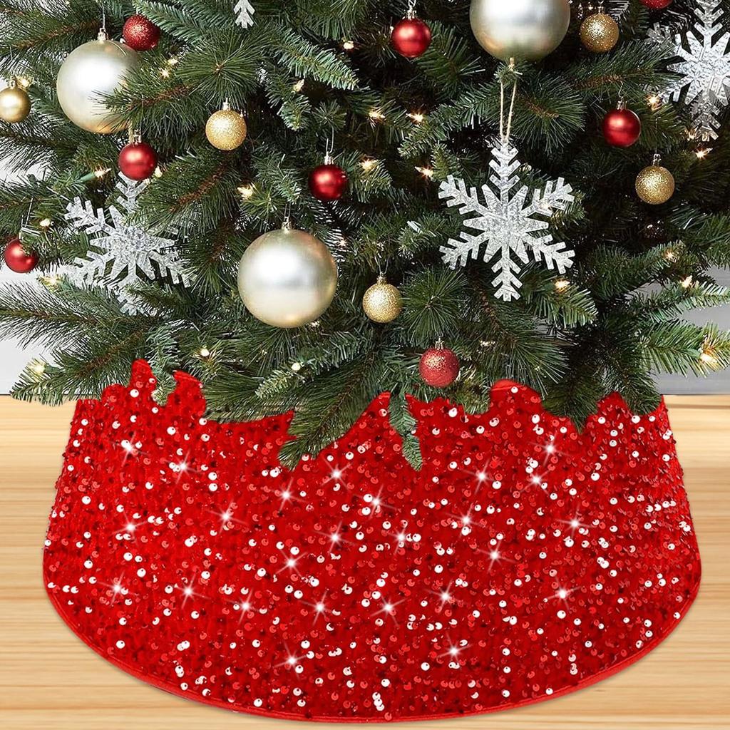 Red Sequins Christmas Tree Collar Sparkly Round Trees Ring Elegant Tree Skirts Collar Embroidered Trees Base Shiny Ornaments