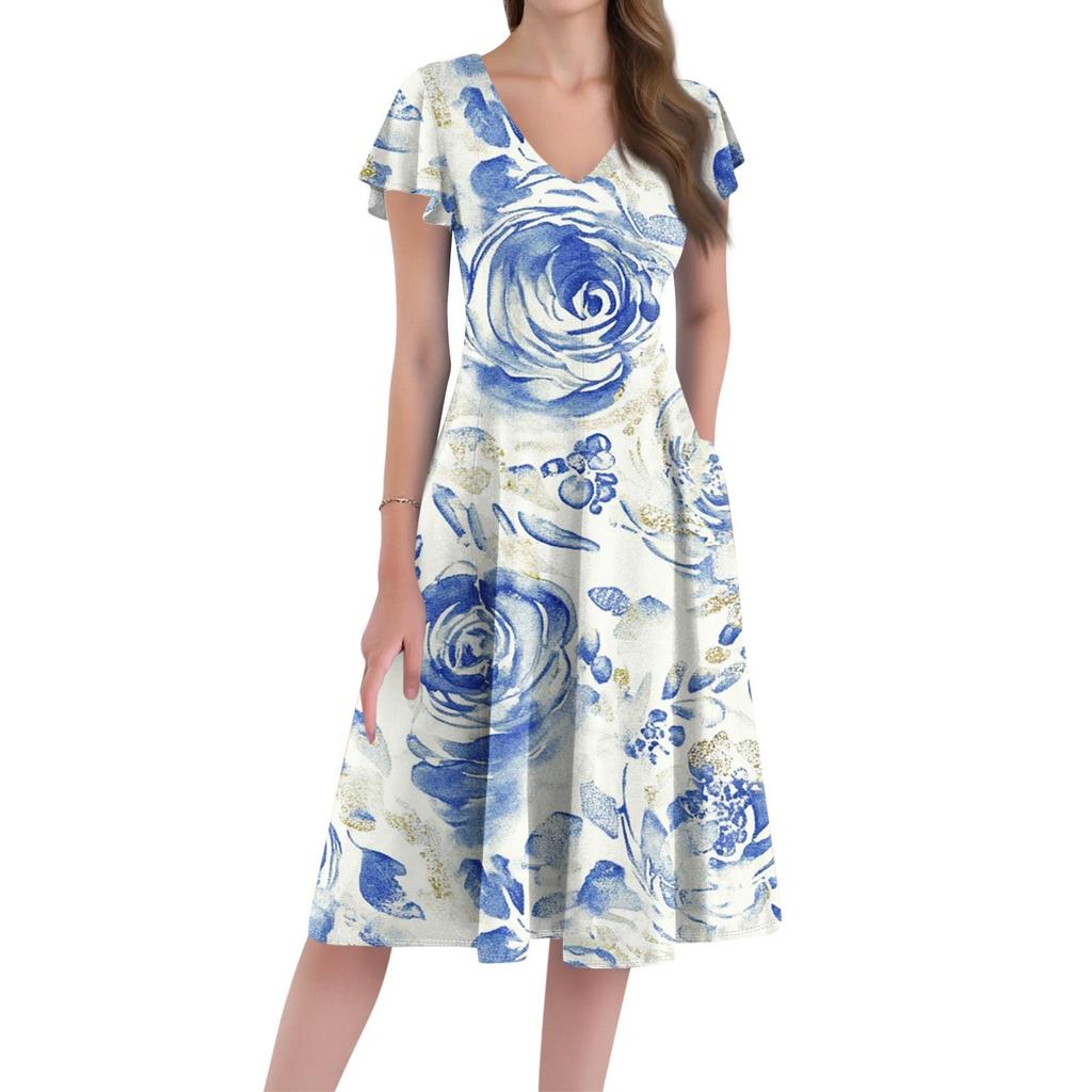 A Casual And Fashionable V-Neck Short-Sleeved Medium-Length Dress With Floral Prints For Women