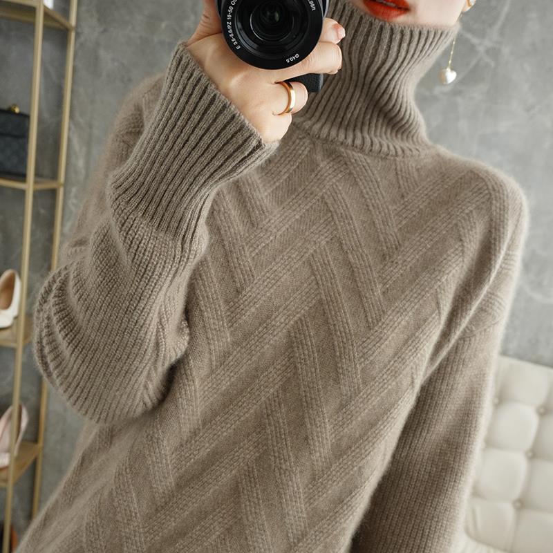 

Осенне-зимний вязаный свитер с высоким воротником для женщин, свободный пуловер, однотонный свитер для женщин 2XL