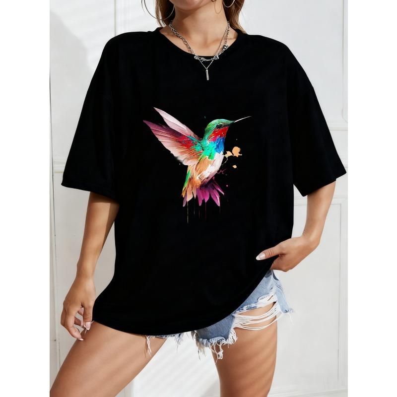 

White Oversized T Shirt With Colorful Hummingbird Print For Casual Wear S