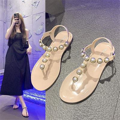 Foreign Trade Pearl Sandals Women's 2024 Summer Diamond-encrusted Flats Flat Heels Fairy Wind Soft Sole Fashion Women's Shoes Tide
