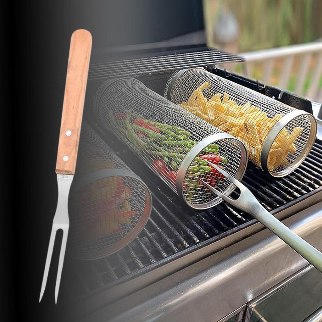 Stainless Steel Meat Fork with Wood Handle, Cooking BBQ Fork, Grill Steak for