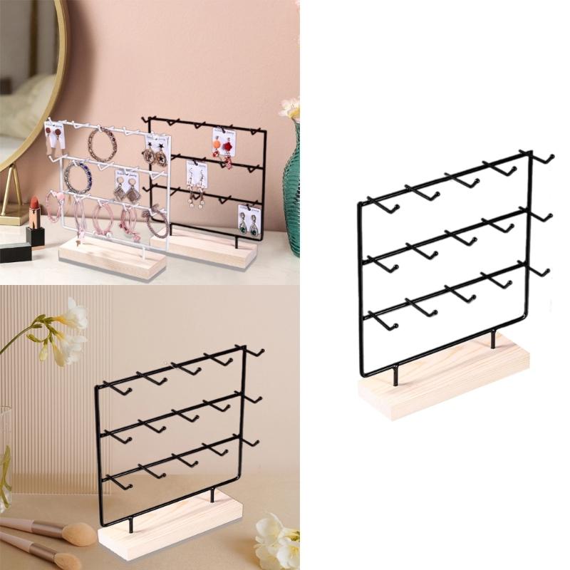 Wood Base Earring Display Stand with 3 Tiers and 15 Hooks Jewelry Presentation Rack Stylish Accessory Organization Shelf