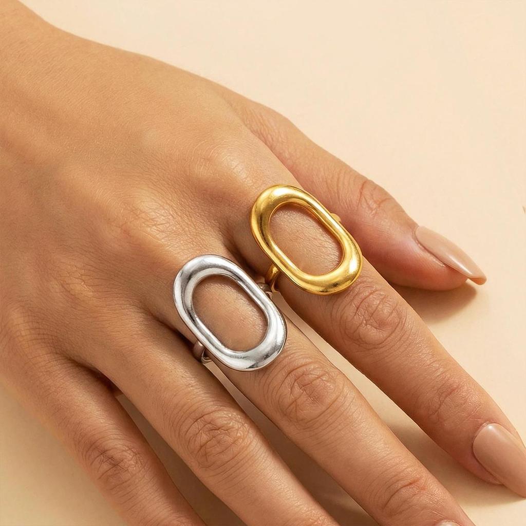Stainless Steel Adjustable Oval Ring - Simple Ins Style Geometric Design