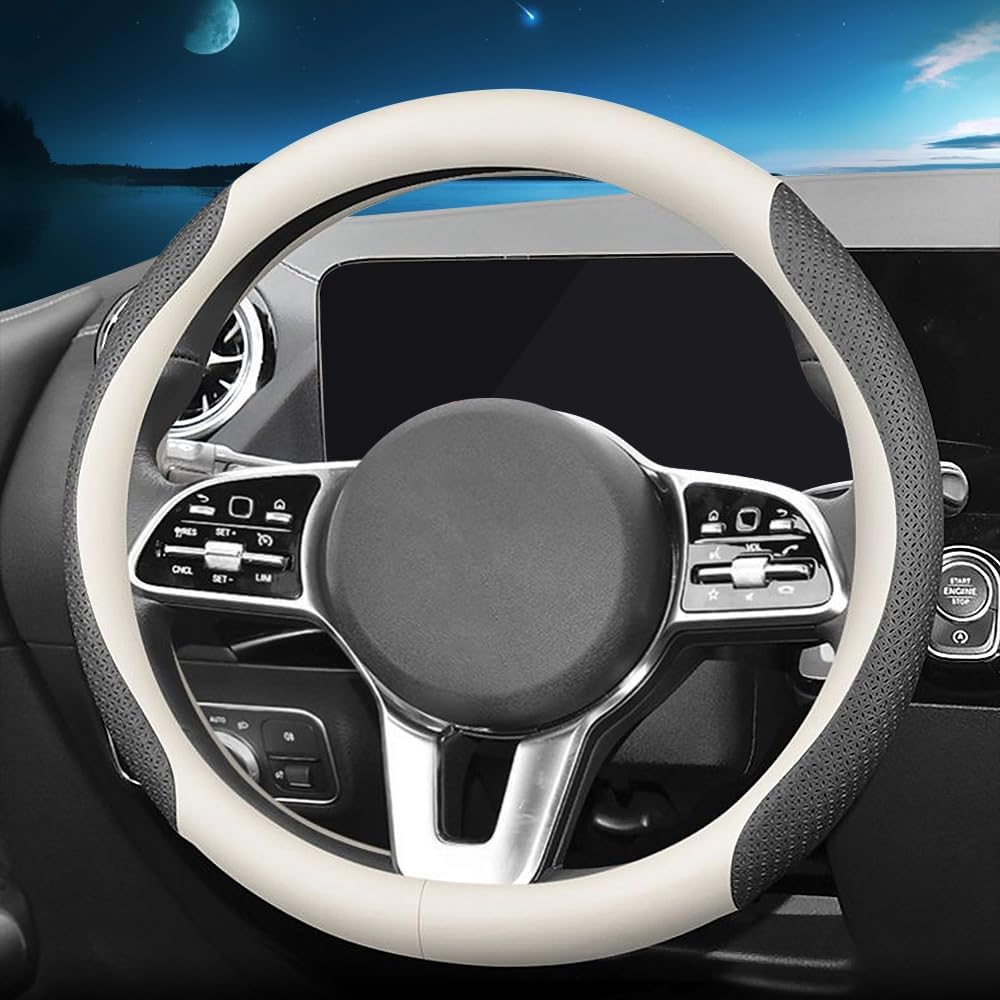 New Nappa Leather Car Steering Wheel Cover, Universal 15 Inch (White And Black)