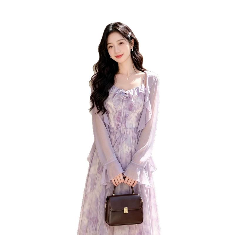 Suspender dress women's summer temperament purple suspender skirt with sunscreen cardigan two pieces