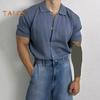 Summer Men Shirt Knitted Short Sleeves Turn-down Collar Single-breasted Stretchy Solid Color Cardigan Loose Daily Wear Casual Top