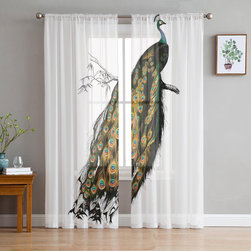Peacock Feathers Green Curtain Window Tulle For Living Room Bedroom Kitchen Chiffon Sheer Window Treatment Decorations