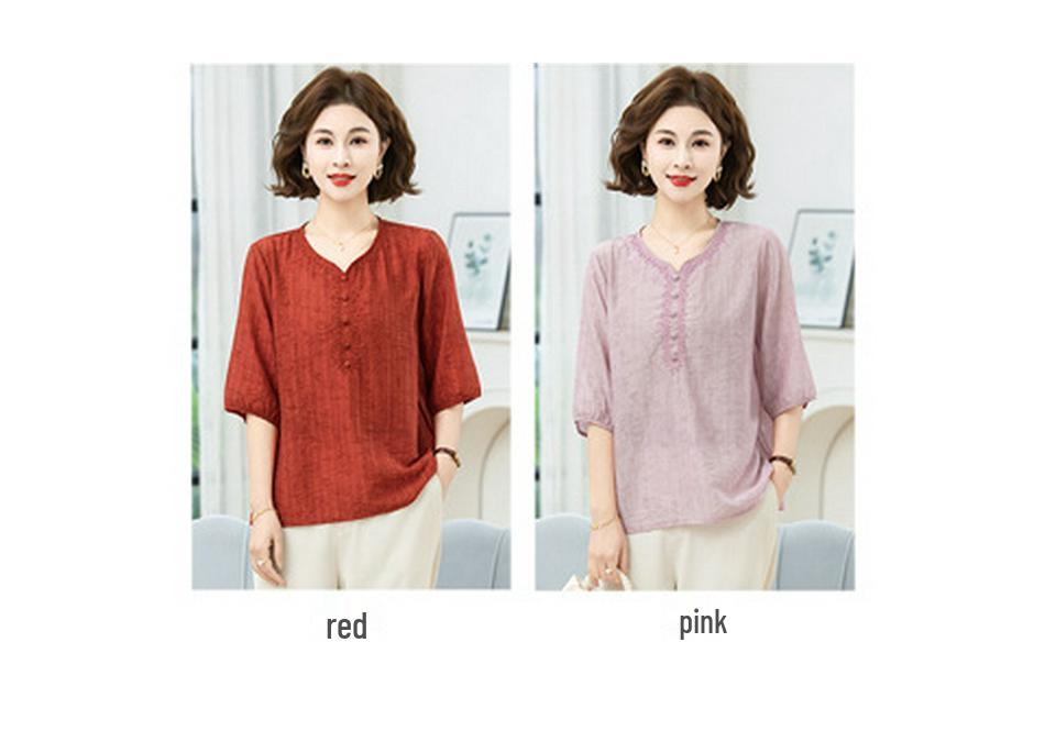 Plus Size Floral Grandma-Style Shirt for Women, Loose Fit, Slimming, Five-Point Sleeves, Ideal for Middle-Aged & Elderly, Summer Top