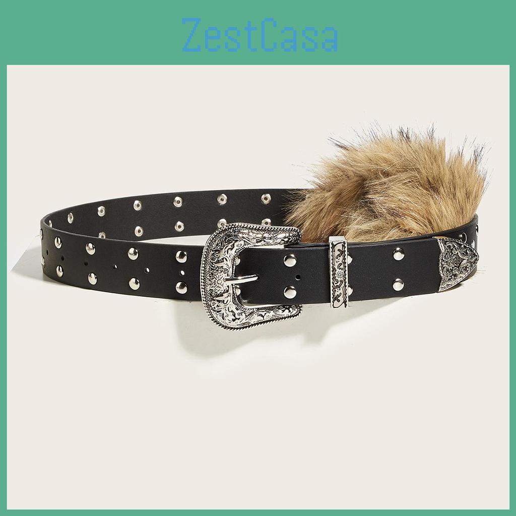 Decorative Rivet Waistband With Artificial Fur Design And Carved Buckle Needle
