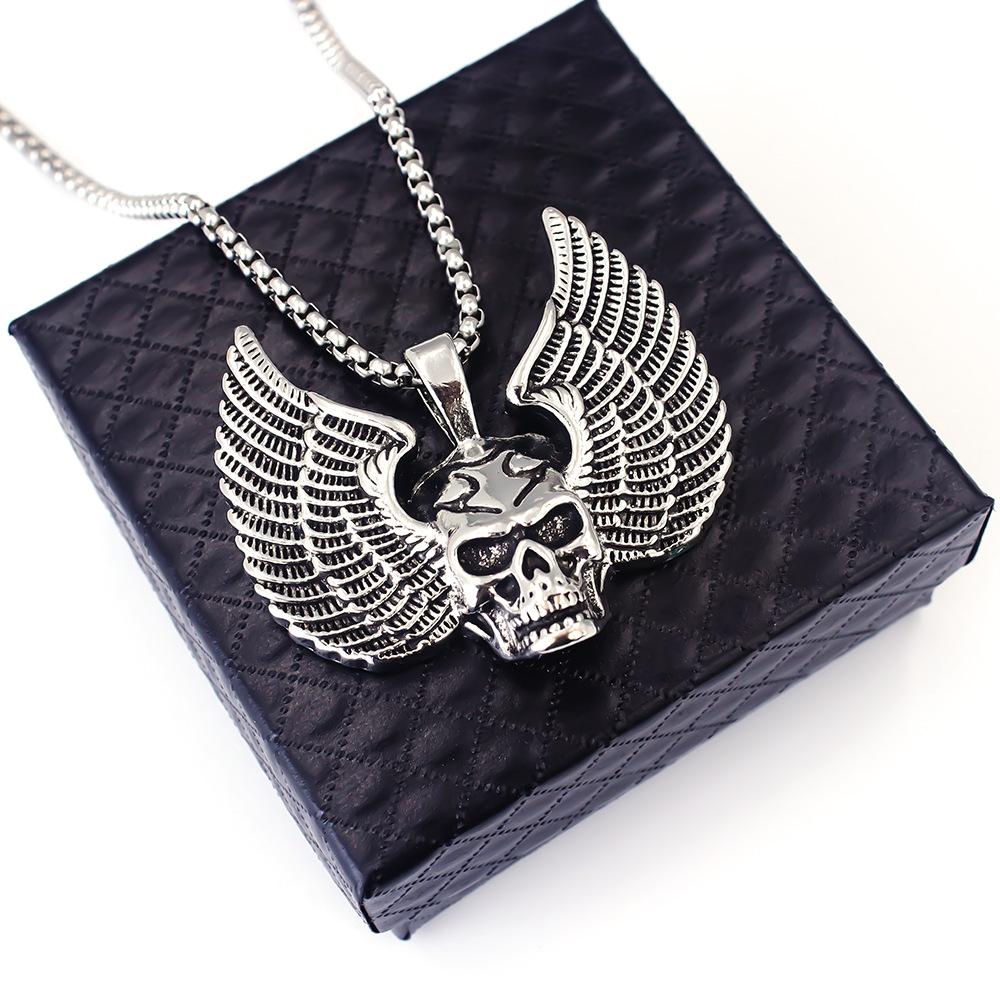 Hip Hop Vintage Wings Skull Pendant Necklace For Women Men Retro Copper Color Stainless Steel Box Chain Neck Rock Jewelry Gifts