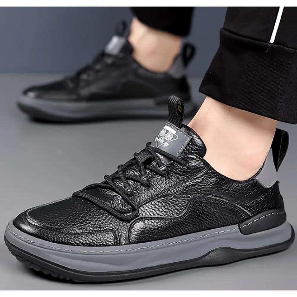 Leather Shoes Men's 2024 Spring and Autumn New Leather Mens Shoe Thick Soled Round Toe Mans Shoe Casual Breathable Shoes Loafers