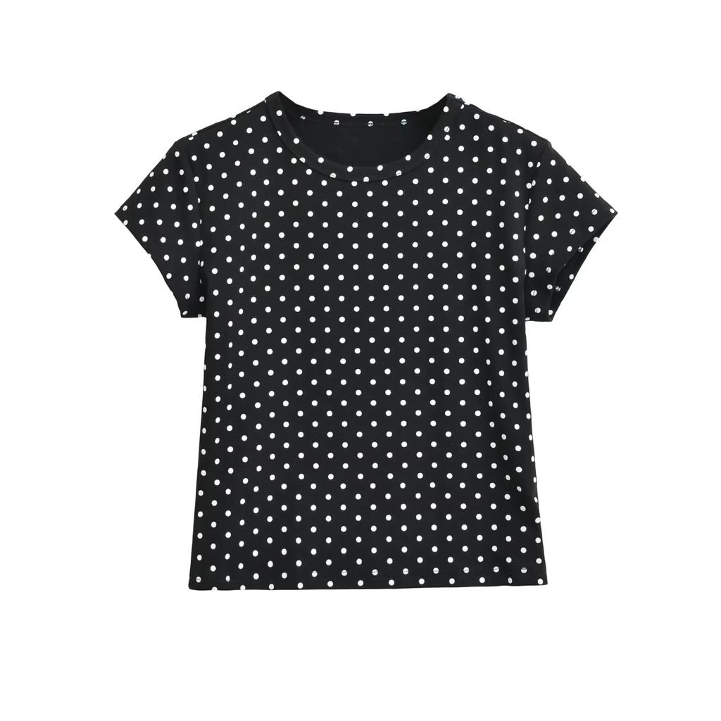 Polka dot printing short-sleeved T-shirt women's summer new American slim-fit basic bottom Spice Girl crew neck top