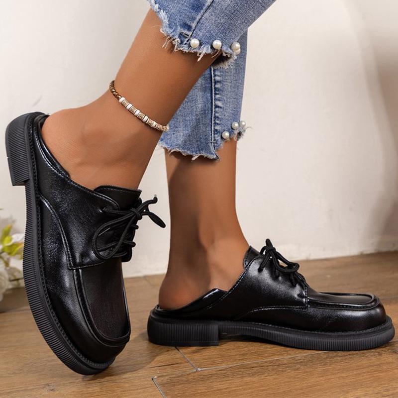 Fashion Faux Pu Leather Loafers Shoes Women 2025 Non Slip Black Lace Up Loafers Round Toe Platform Casual Shoes Female